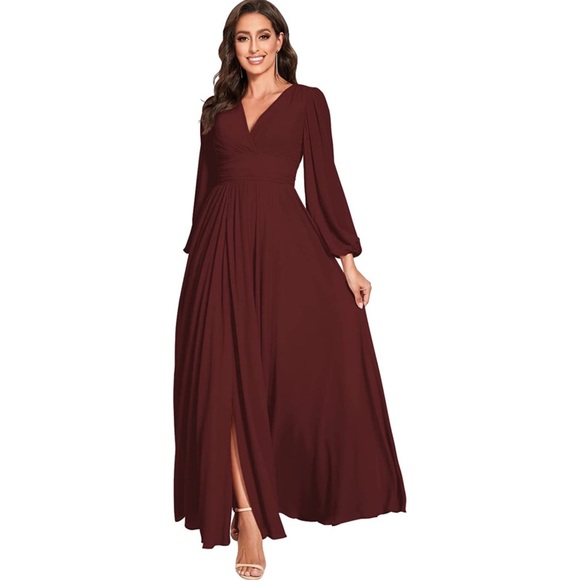 Women’s V Neck Long Sleeves Bridesmaid Dresses with - Picture 3 of 7